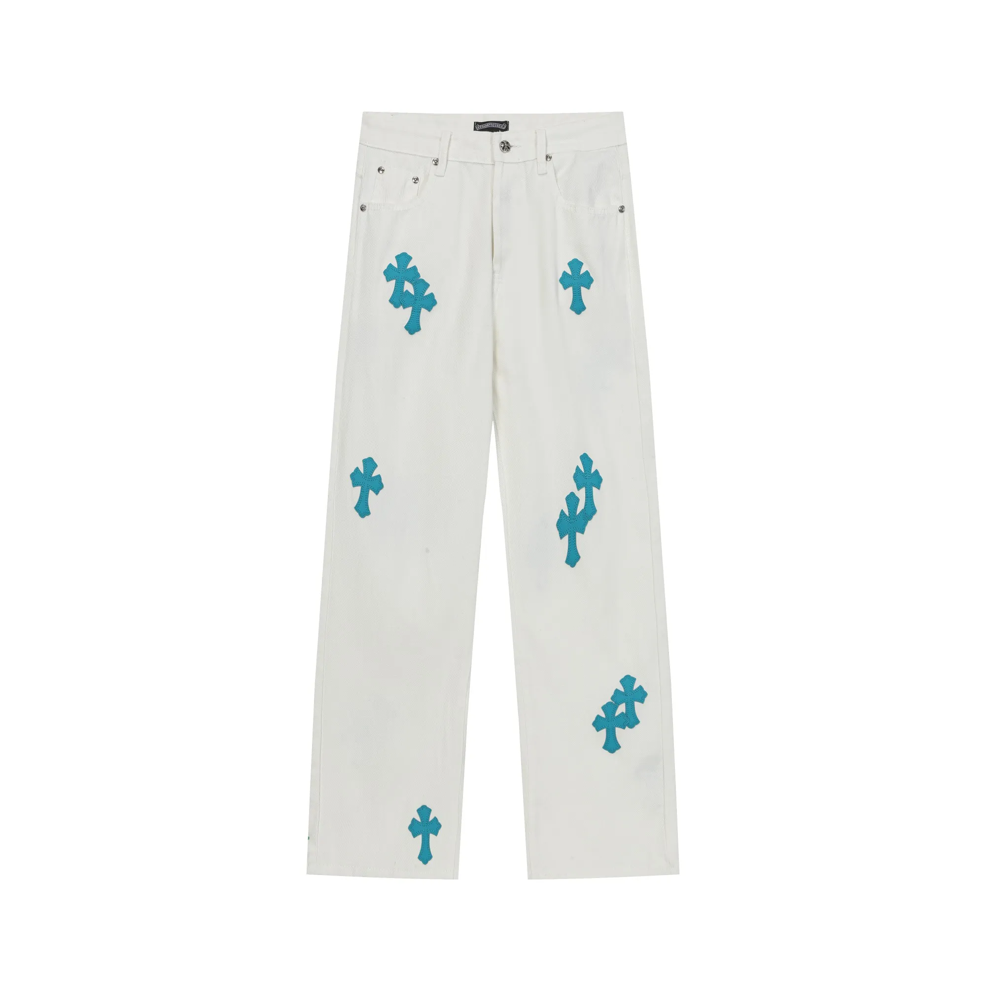 P270 Chrome Hearts/Chrome Hearts Classic White Cow Series Colored Leather Cross Washed Cloth Denim Trousers for Men and Women Color: Picture Color Code Number: 28-36
